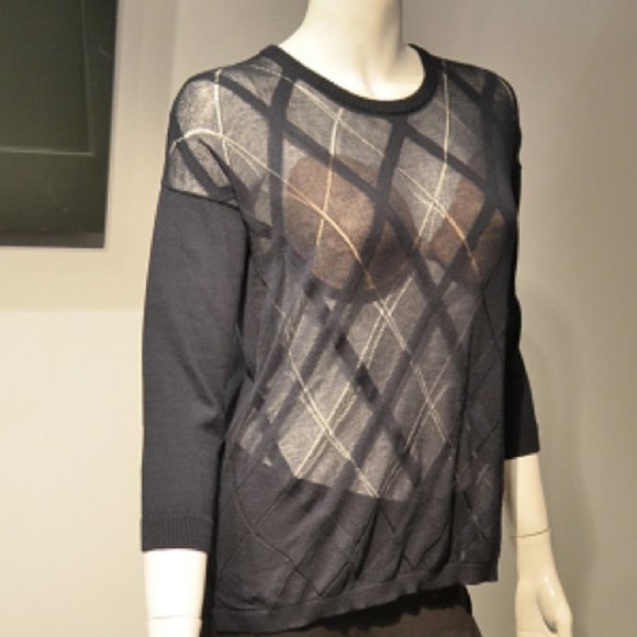 Navy Cotton sheer Argyle Pattern Knit Pullover - Picture 3 of 8